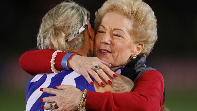 Susan Alberti hugs Moana Hope after the final women’s exhibition game. Picture: Michael Klein