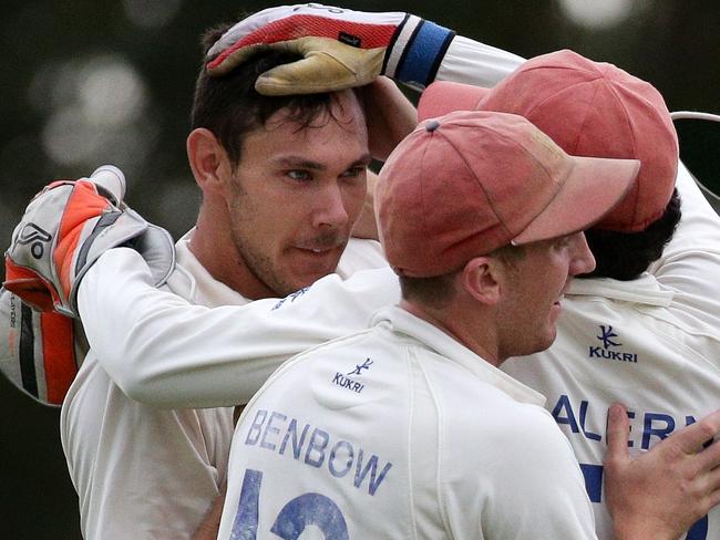 Scott Boland of Frankston Peninsula is congratulated by teammates for the wicket of Holland during the Premier cricket match between  Ringwood and Frankston Peninsula played at the Russell Lucas Oval, Jubilee Park, Ringwood on Saturday 28th February, 2015. Picture: Mark Dadswell