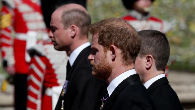 Prince William, Duke of Cambridge and Prince Harry, Duke of Sussex during the funeral of Prince Philip, Duke of Edinburgh at Windsor Castle. Picture: Getty