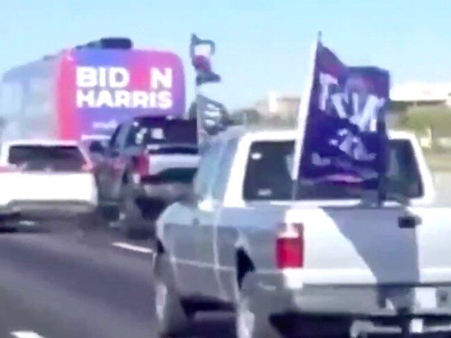 The Trump train has been harassing the Biden-Harris bus during recent days. Picture: Twitter