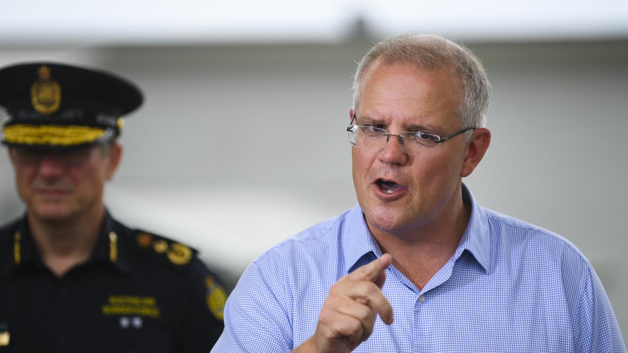 Scott Morrison during his press conference at Christmas Island. Picture: AAP Image/Lukas Coch