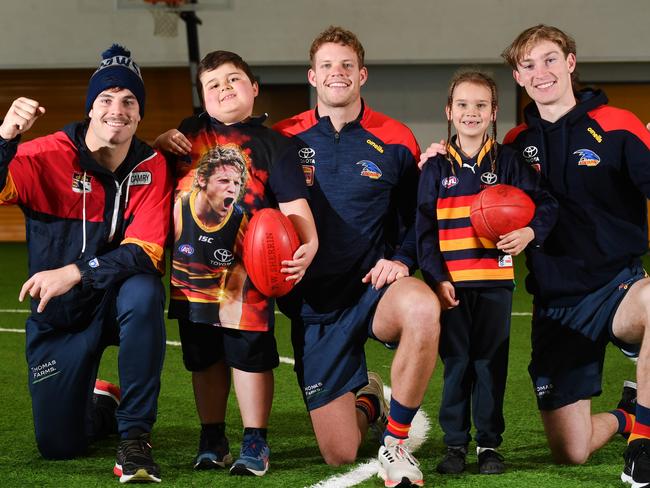 22/6/23. Adelaide Crows Competition Winners - Darcy Forgarty, Dominic Blucher - 8yrs, Mitch Hinge, Bryce Winmar - 6yrs and Max Machalanney.Picture: Keryn Stevens