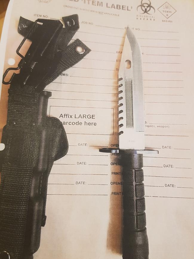 A knife that was found in a backpack following the arrest.