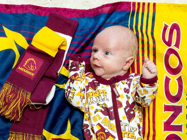 Damian and Sally Torrie with baby William, born April 29 and the NRL Brisbane Broncos youngest member, Saturday, June 3, 2023 - Picture: Richard Walker