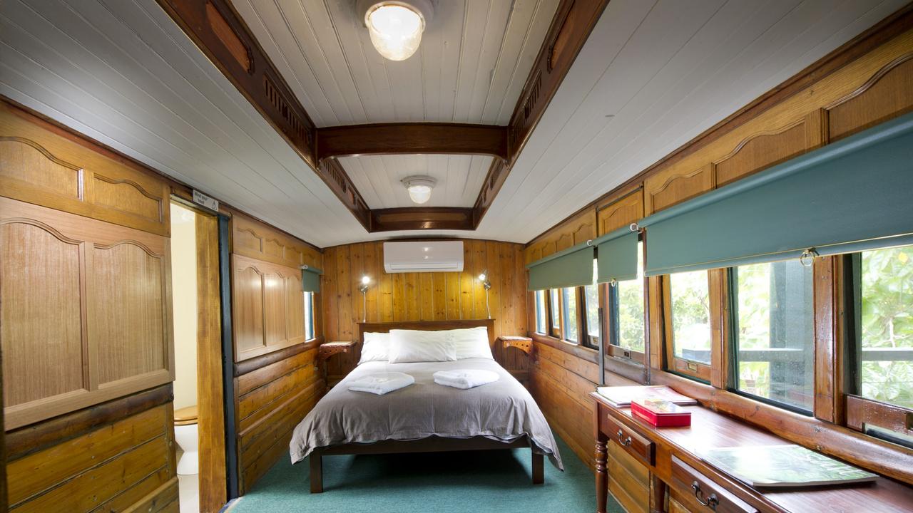 Victorian train carriage bedroom, Glass House Mountains Eco Lodge Picture: Supplied/Glasshouse Mountains Ecolodge