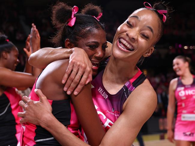 ADELAIDE, AUSTRALIA - AUGUST 03: Shamera Sterling-Humphrey (R) and Latanya Wilson of the Thunderbirds celebrate victory in the Super Netball Grand Final match between Adelaide Thunderbirds and Melbourne Vixens at Adelaide Entertainment Centre on August 03, 2024 in Adelaide, Australia. (Photo by Graham Denholm/Getty Images)