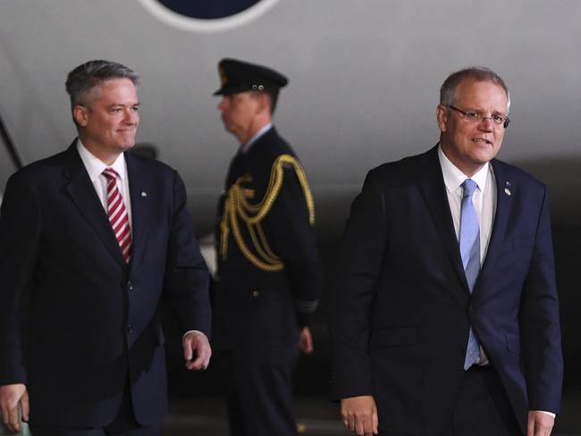 Australian Finance Minister Mathias Cormann and Prime Minister Scott Morrison arrive for the G20 summit in Buenos Aires, Argentina. Picture: AAP/Lukas Coch