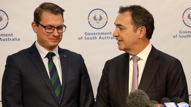 South Australian Premier Steven Marshall alongside Transport Minister Stephan Knoll. Picture: AAP Image/Kelly Barnes