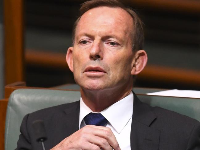 Former Australian Prime Minister Tony Abbott reacts during debate of the Marriage Amendment bill in the House of Representatives at Parliament House in Canberra, Monday, December 4, 2017. (AAP Image/Lukas Coch) NO ARCHIVING