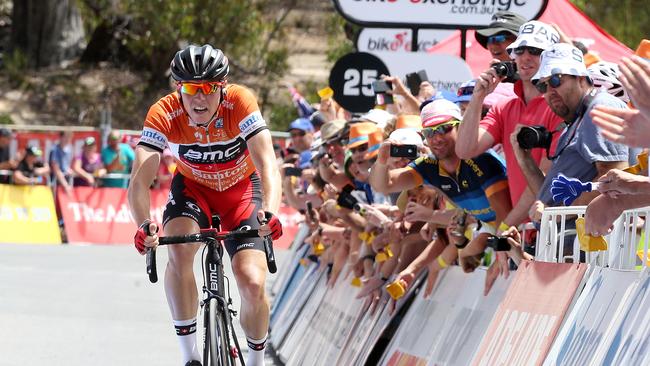 Rohan Dennis comes in second at Willunga on his way to winning the 2015 Tour Down Under. Picture: Sarah Reed