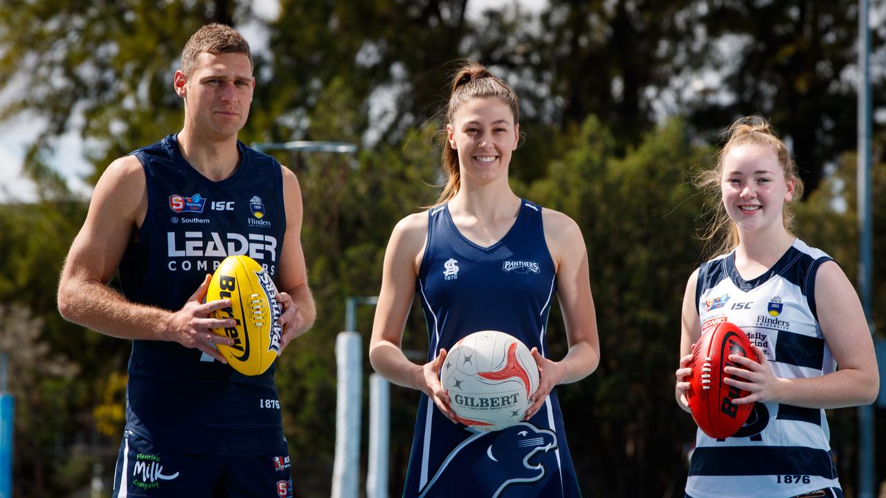 Netballer Eilish McKay between footballers Alex Cailotto and Jaslynne Smith on September 14, 2020 in Mile End. Premier League netball club Woods Panthers will become South Adelaide Netball Club they join forces with the South Adelaide SANFL club.