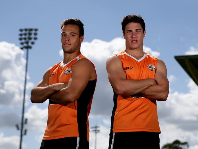 Hioly Cross Rhinos juniors Luke Brooks and Mitchell Moses during their time together at the Tigers.