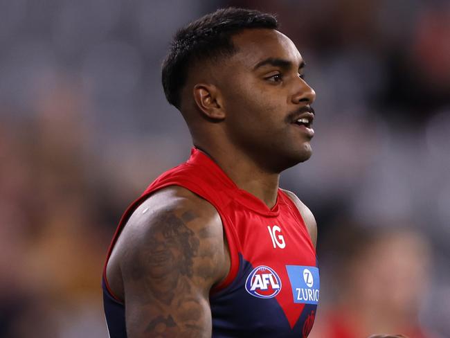 MELBOURNE, AUSTRALIA - AUGUST 10:  Kysaiah Pickett of the Demons celebrates a goal during the round 22 AFL match between Melbourne Demons and Port Adelaide Power at Melbourne Cricket Ground, on August 10, 2024, in Melbourne, Australia. (Photo by Darrian Traynor/AFL Photos/via Getty Images)