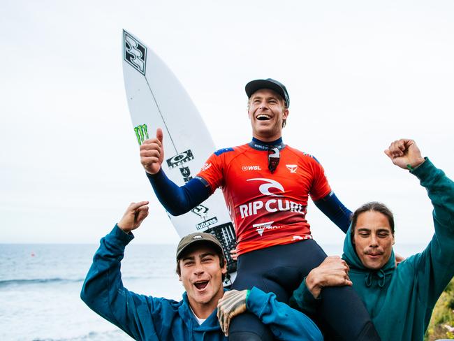 BELLS BEACH, VICTORIA, AUSTRALIA - APRIL 11: Ethan Ewing of Australia wins the Rip Curl Pro Bells Beach on April 11, 2023 at Bells Beach, Victoria, Australia. (Photo by Ed Sloane/World Surf League)