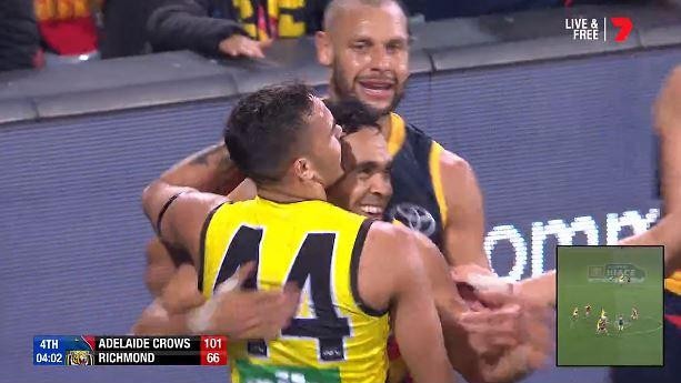 Sydney Stack hugs Eddie Betts after his miraculous goal. Picture: Channel 7