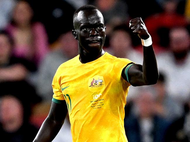 BRISBANE, AUSTRALIA - SEPTEMBER 22: Awer Mabil of Australia celebrates after scoring a goal during the International Friendly match between the Australia Socceroos and the New Zealand All Whites at Suncorp Stadium on September 22, 2022 in Brisbane, Australia. (Photo by Bradley Kanaris/Getty Images)