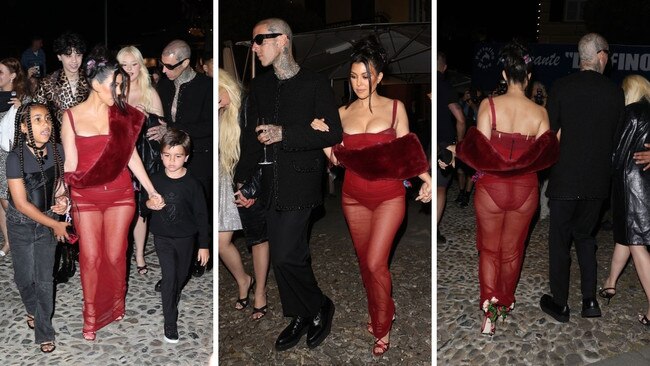 Kourtney Kardashian and Travis Barker arrive in Italy for their big day. (Photo by NINO/GC Images)