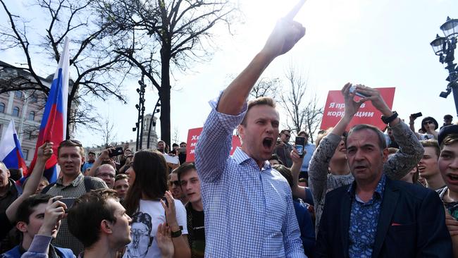 Russian opposition leader Alexei Navalny during an unauthorised anti-Putin rally in Moscow, in 2018. As Navalny lies comatose in a Berlin hospital we are again confronted with the brutal reality of a malevolent state’s use of chemical weapons against its foes. Picture: AFP