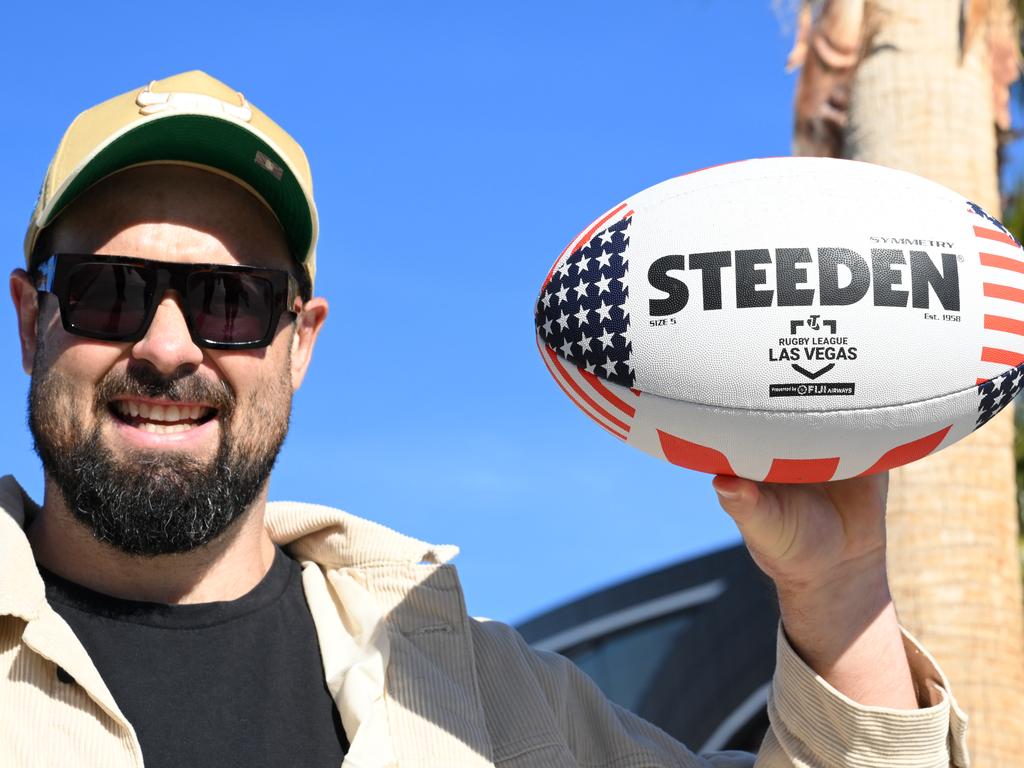 Manly's Aaron Woods with the special Steeden to be used in Vegas. Picture: Grant Trouville