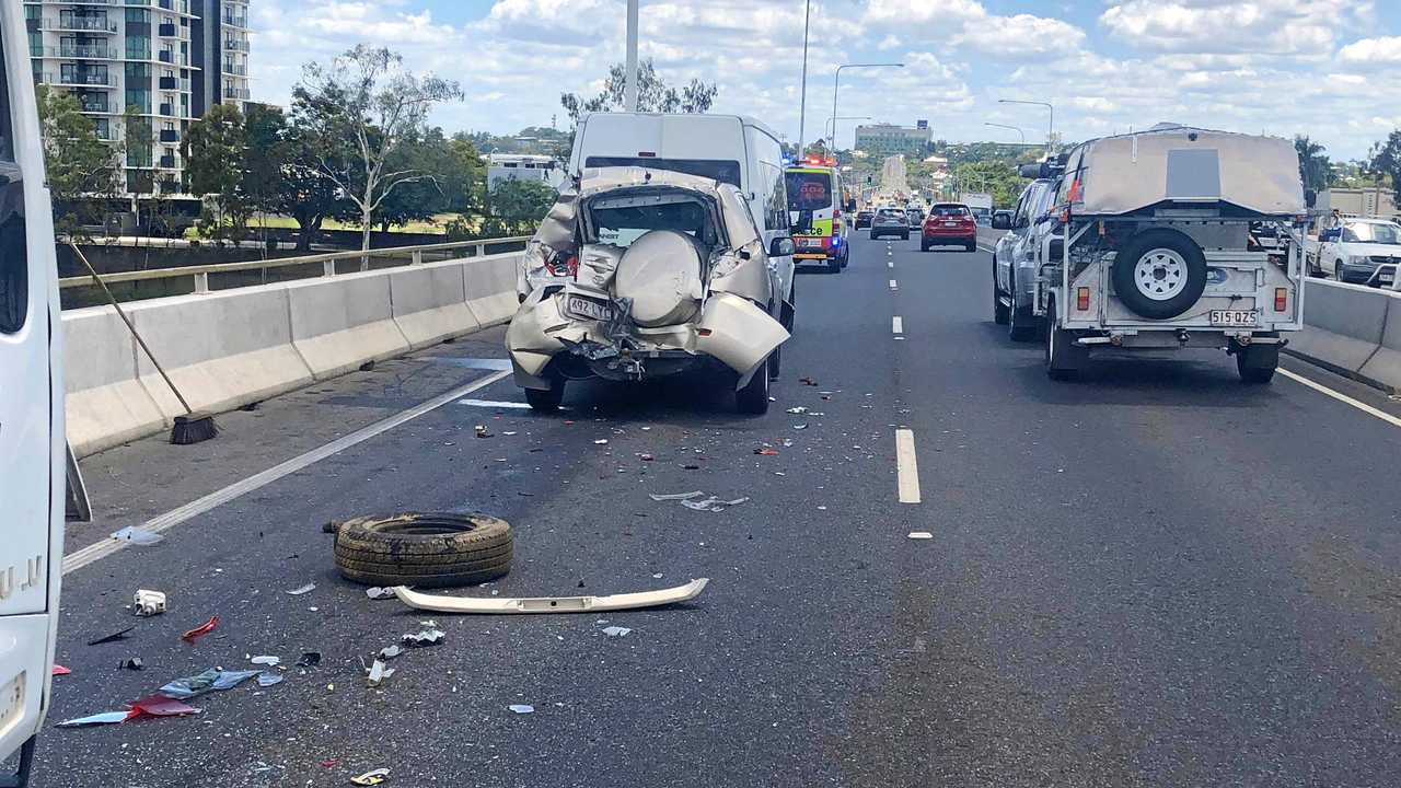 Three vehicles, including a truck, were involved in a crash on the Neville Hewitt Bridge shortly before 1pm. Picture: Contributed