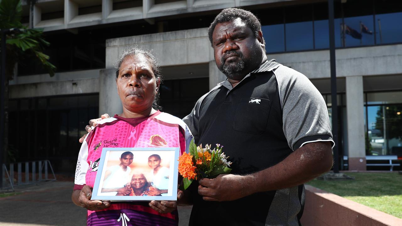 Alison Bernard's mother and uncle Edwina Bernard and Teddy Bernard, pictured with a photo of Allison (left) with her grandmother and sister. The pair were in the Cairns Coroner's Court on the first day of the coronial inquest into Allison Bernard's disappearance. Picture: Brendan Radke