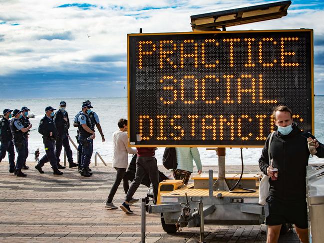 Police patrolling Sydney’s eastern beaches this morning. Pictures: Julian Andrews