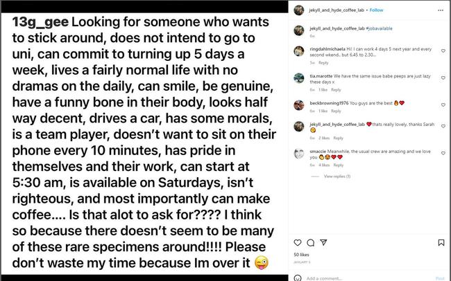 Jekyll and Hyde Coffee Lab owner has also come under fire for a post she uploaded in January voicing frustrations of being unable to find the perfect "rare specimen" to fill in a year-old job vacancy. Picture: Instagram