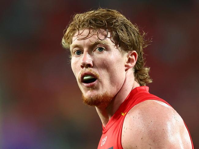 GOLD COAST, AUSTRALIA - MARCH 16: Matt Rowell of the Suns looks on during the round one AFL match between Gold Coast Suns and Adelaide Crows at People First Stadium, on March 16, 2024, in Gold Coast, Australia. (Photo by Chris Hyde/Getty Images)