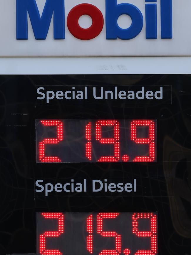 Petrol prices continue to rise across Australia and the world after Russia’s invasion of Ukraine. Some petrol stations in Sydney on Tuesday were charging $2.19 for a litre of E10. Picture: Ian Currie.