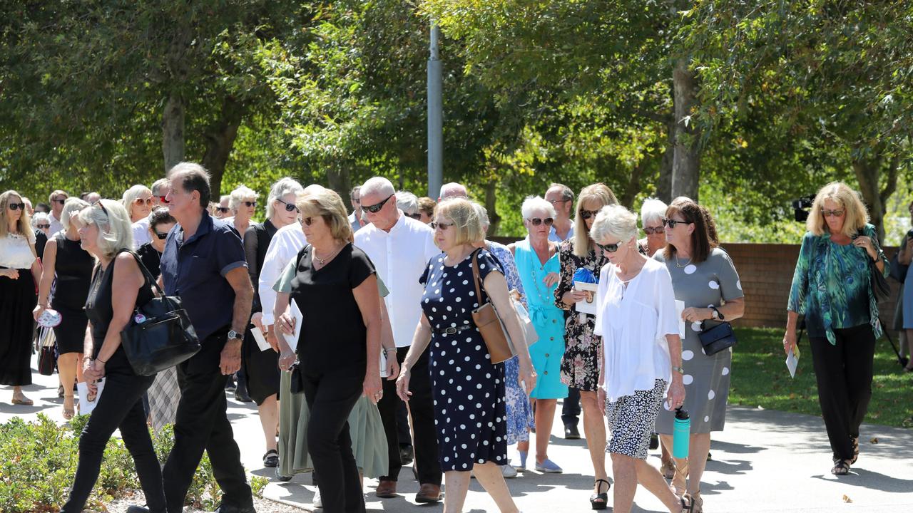 Attendees arrive to celebrate the life of the late Ms Hoskins at Fremantle Cemetery. Picture: NCA NewsWire/Philip Gostelow