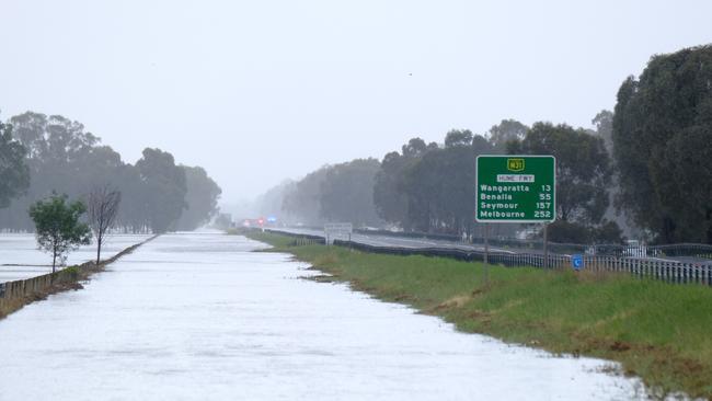 Flooding between Springhurst and Wangaratta on the Hume Freeway. Picture Simon Dallinger