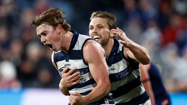 GEELONG, AUSTRALIA - JUNE 22: Tanner Bruhn (left) and Tom Atkins of the Cats celebrate during the 2023 AFL Round 15 match between the Geelong Cats and the Melbourne Demons at GMHBA Stadium on June 22, 2023 in Geelong, Australia. (Photo by Michael Willson/AFL Photos via Getty Images)