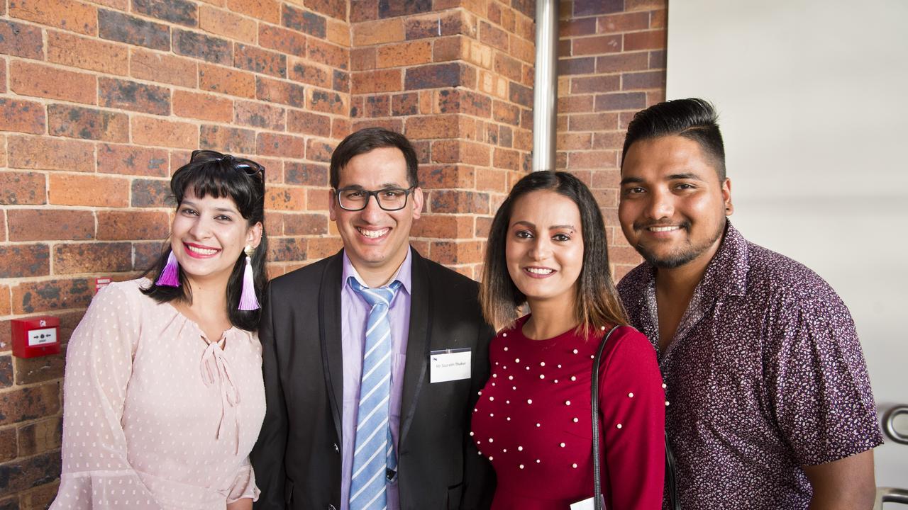 At Toowoomba Regional Council Australian Citizenship Ceremony are (from left) Priyanka Devi, Saurabh Thakur, Dikshya Dhital and Max Gupta. Saurabh and Dikshya are to be naturalised during the ceremony at The Annex, Friday, October 18, 2019. Picture: Kevin Farmer