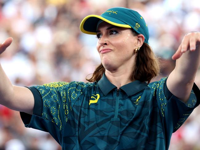 PARIS, FRANCE - AUGUST 09: B-Girl Raygun of Team Australia  reacts during the B-Girls Round Robin - Group B on day fourteen of the Olympic Games Paris 2024 at Place de la Concorde on August 09, 2024 in Paris, France. (Photo by Elsa/Getty Images)