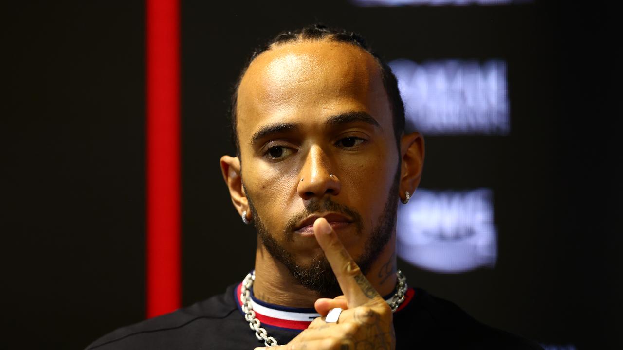 JEDDAH, SAUDI ARABIA - MARCH 16: Lewis Hamilton of Great Britain and Mercedes attends the Drivers Press Conference during previews ahead of the F1 Grand Prix of Saudi Arabia at Jeddah Corniche Circuit on March 16, 2023 in Jeddah, Saudi Arabia. (Photo by Bryn Lennon/Getty Images)