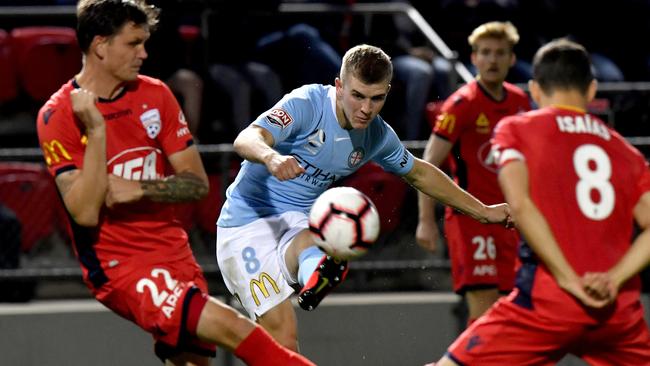 City striker Riley McGree misses an attempt at goal. Picture: AAP