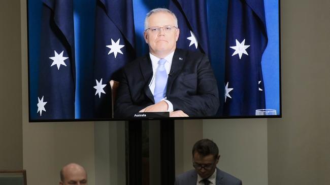 The Prime Minister Scott Morrison during Question Time via a screen in Parliament House Canberra.. Picture: NCA NewsWire / Gary Ramage