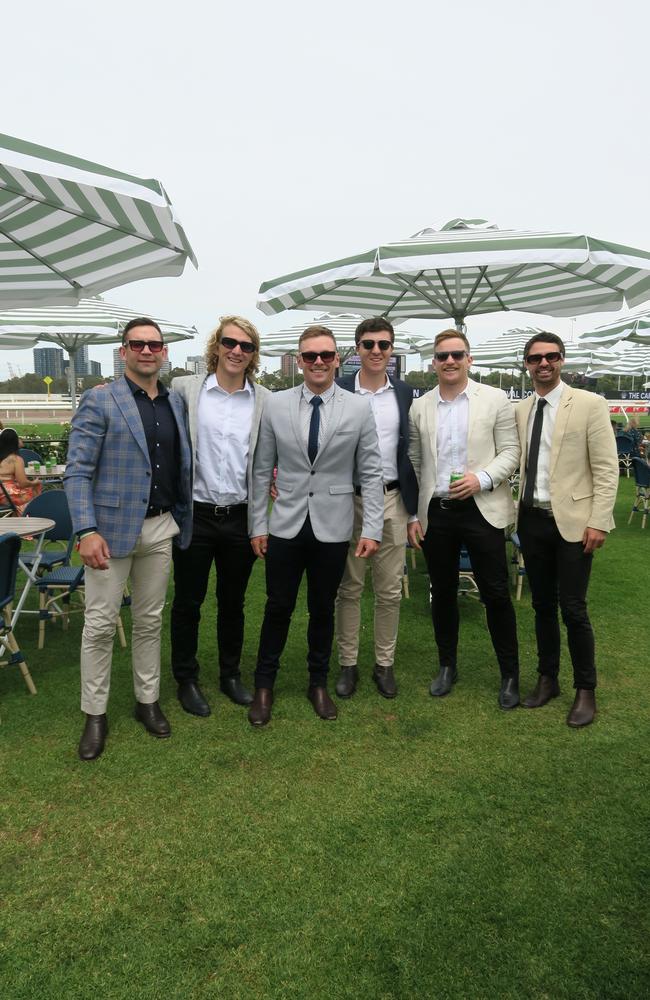 Brad, Ben, Oliver, Jayden, Jonty and Dom at Seppelt Wines Stakes Day 2024 at Flemington Racecourse. Picture: Gemma Scerri