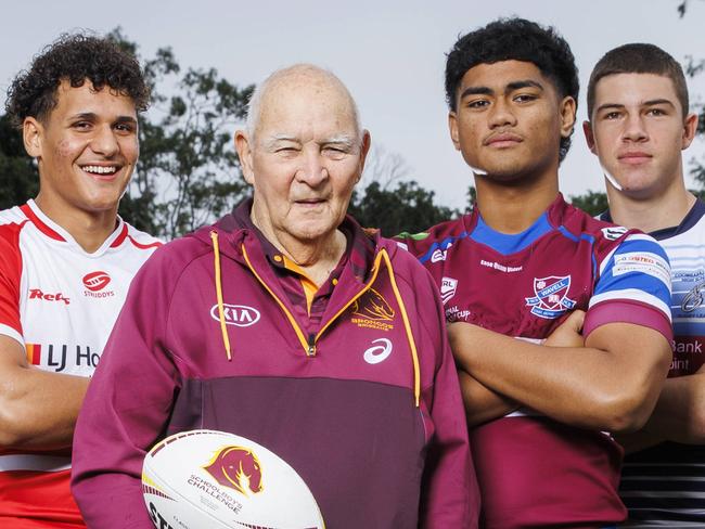 Phil Hall (centre) with Langer Trophy competitors Kena Finau (Mabel Park SHS), Jack Cameron (Redcliffe SHS), Chris Faagutu (Marsden SHS), Tanu Nona (PBC SHS), Karl Oloapu (Wavell SHS), Lewis Symonds (Coombabah SHS), Josiah Pahulu (Ipswich SHS), and Seth Nikotemo (Keebra Park SHS), pictured at Red Hill. Picture Lachie Millard