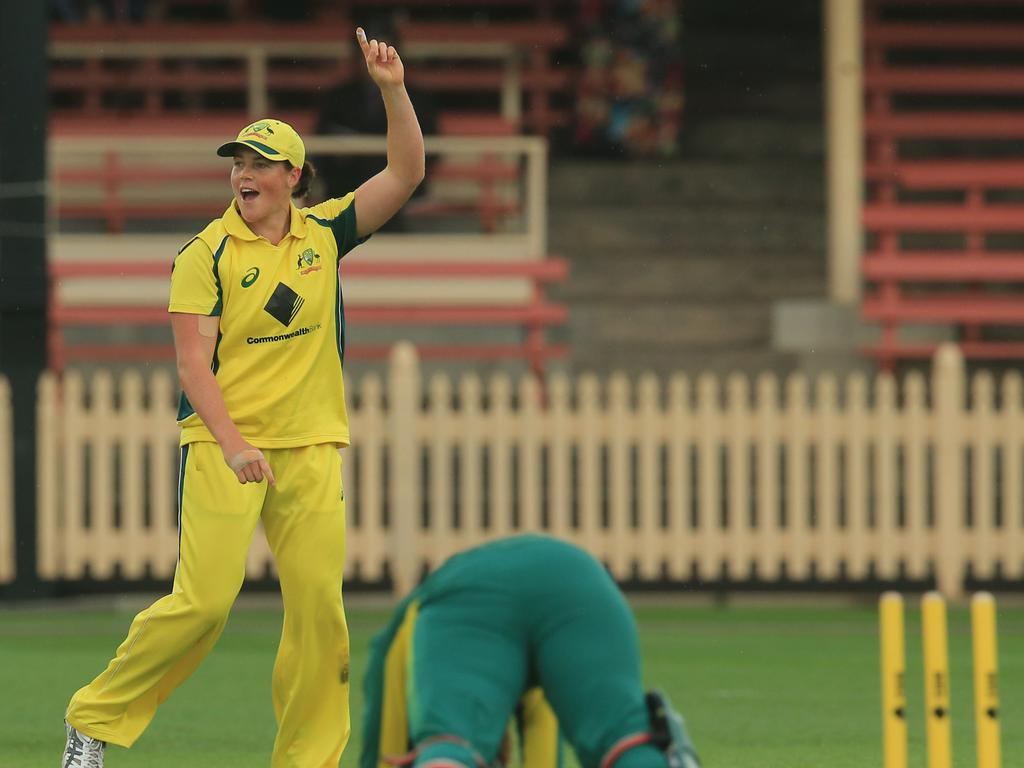 Grace Harris takes a wicket against South Africa in 2016. Picture: Mark Evans