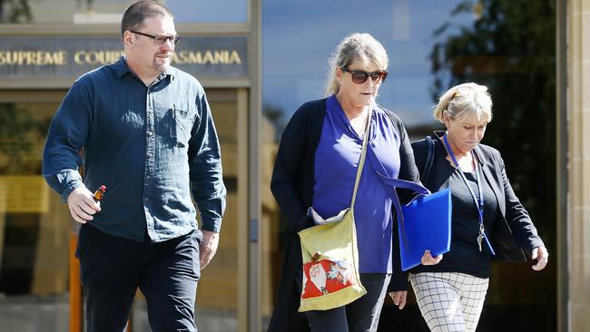 Jennifer Symonds, centre wearing glasses, leaving the Supreme Court in Hobart today. Picture: MATT THOMPSON