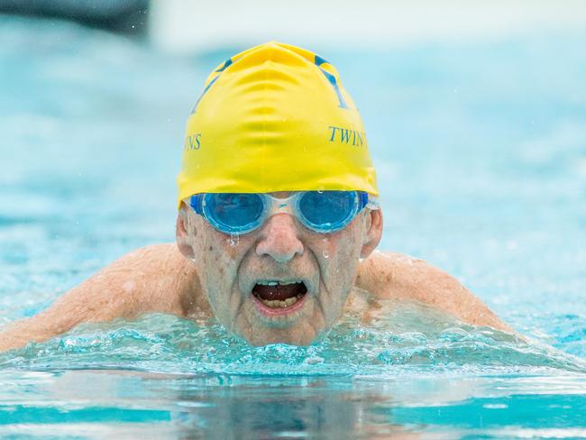 George Corones of Albany Creek at the Albany Creek Masters Swimming Club, Saturday, January 27, 2018. He is competing in the 100-104 year age group (AAP Image/Richard Walker)