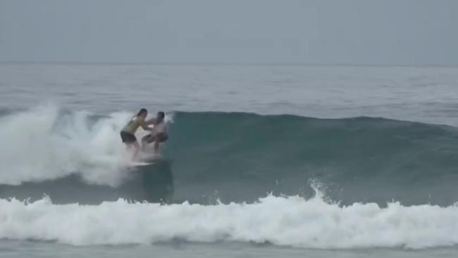 The wave that sparked the assault. Taylor (left) clearly had right of way on the wave. Picture: Sara Taylor