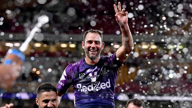 Cameron Smith was chaired from the field after playing what was likely his last game at Suncorp Stadium in Storm’s Preliminary Final win over Canberra. Picture: Getty Images.