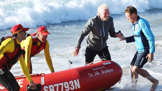 Richard Branson lands at Bondi Beach during a 2019 promotion for Virgin Active. Picture: Rohan Kelly