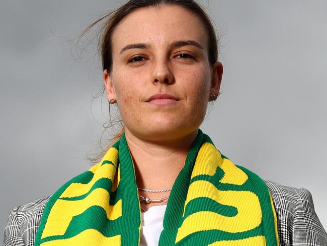 CANBERRA, AUSTRALIA - MARCH 01: Chloe Logarzo of the Matildas poses during a Matildas media opportunity at GIO Stadium on March 01, 2022 in Canberra, Australia. (Photo by Mark Metcalfe/Getty Images for Football Australia)