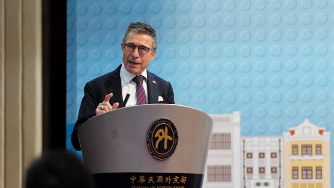 Anders Fogh Rasmussen meets the press in Taipei on Thursday. Picture: AFP