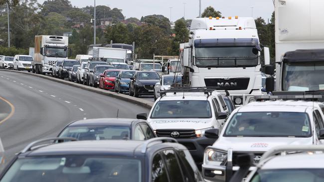 The City West Link at Haberfield is gridlocked heading into the city. The Rozelle interchange has just opened this week and is causing traffic issues. Picture: Rohan Kelly