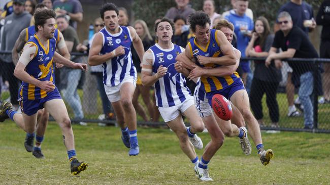 MPNFL: Somerville’s Jake Whybrow gets runs down. Picture: Valeriu Campan