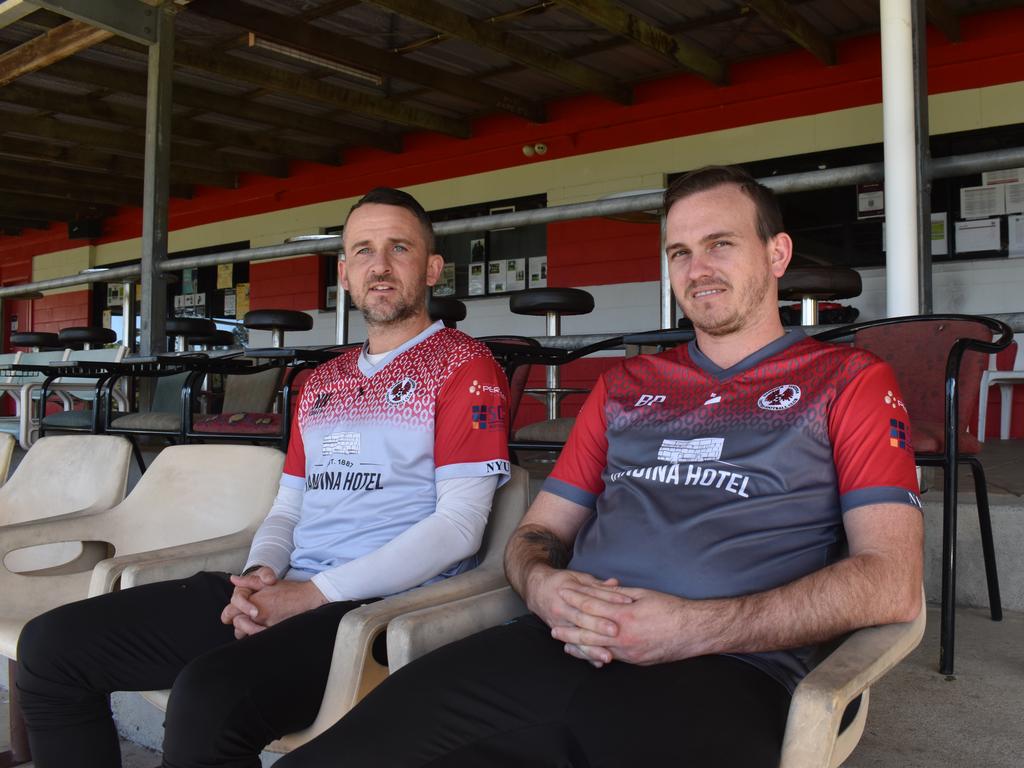 Nambour Yandina United coach Kyle Nix and captain Brendan Prickett say their club’s loyal fanbase the Red Army has helped the team to the summit of Coast football. Picture: Matty Holdsworth